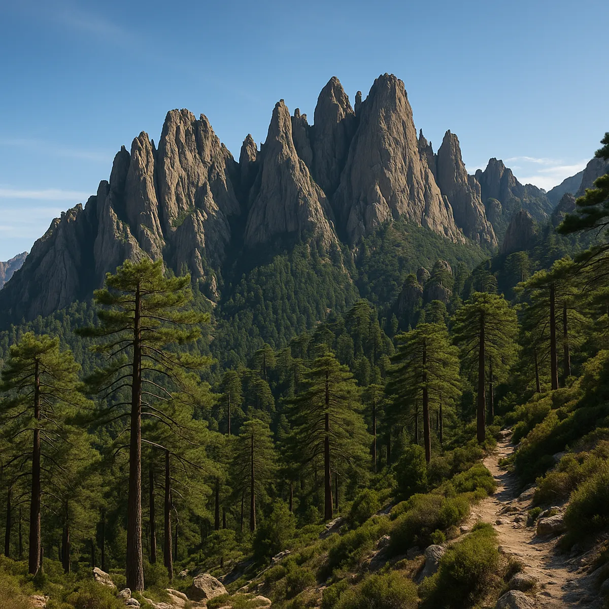 Vue sur les Aiguilles de Bavella en Corse-du-Sud, entre pics rocheux et forêts