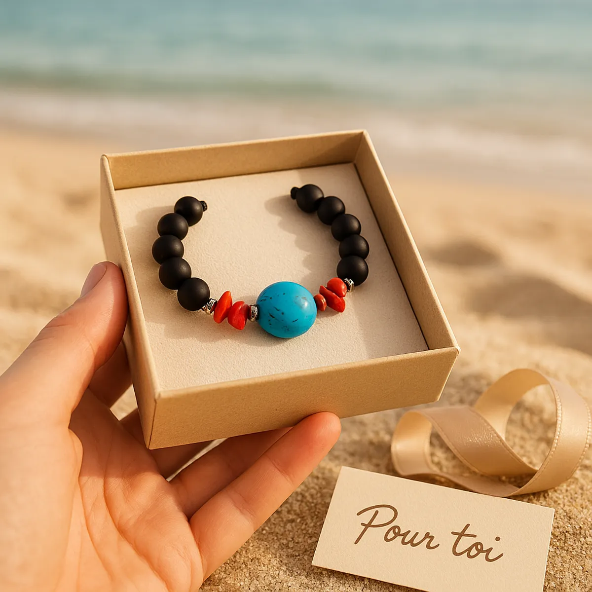 Bracelet artisanal avec perles de corail rouge et turquoise sur plage de sable blanc