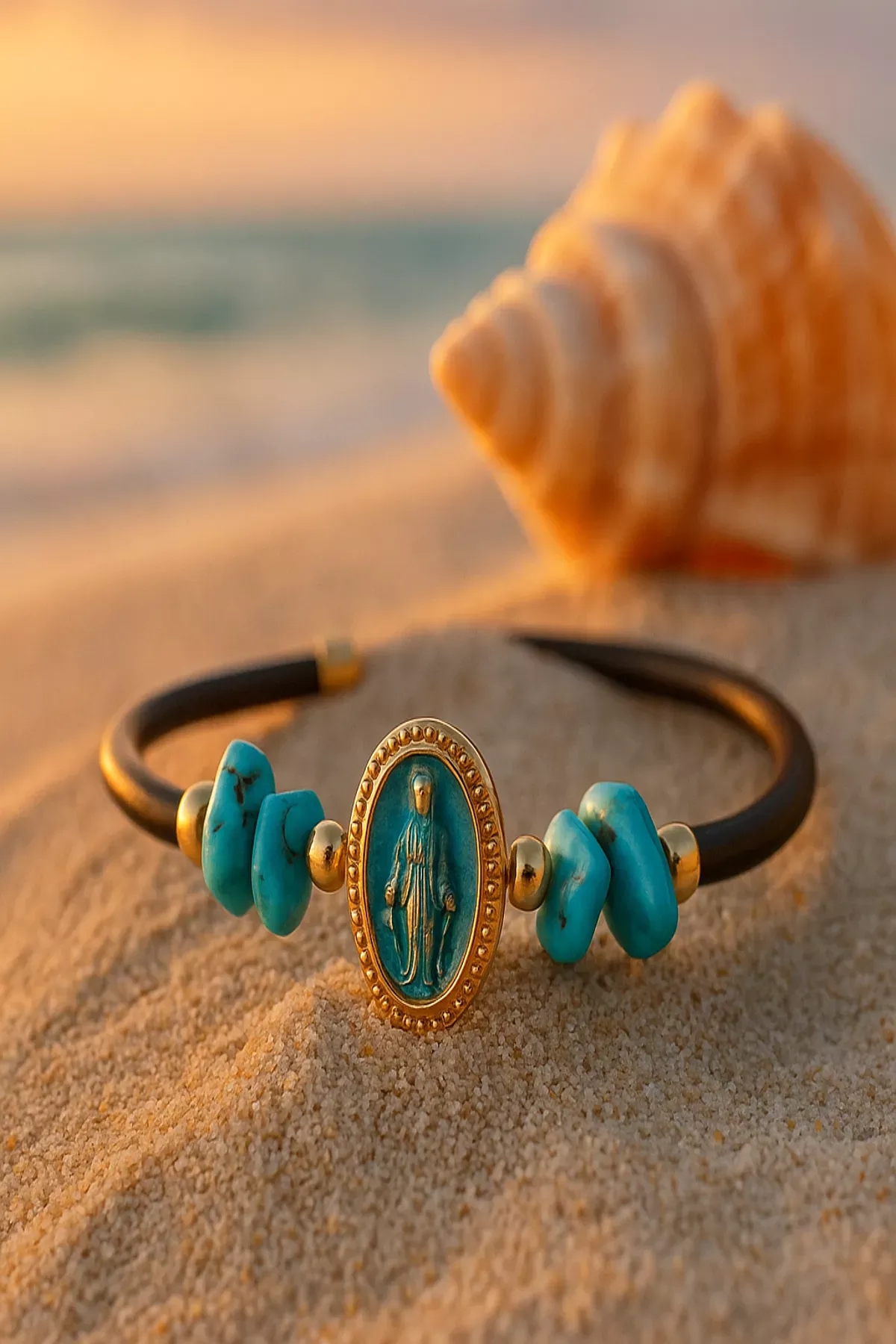 Bracelet en vermeil doré avec médaille Miraculeuse et perle turquoise sur sable blanc