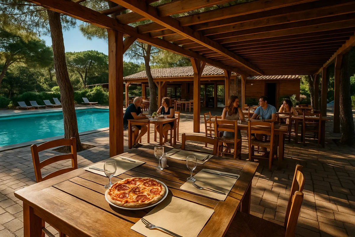 Terrasse ombragée du restaurant du camping Pitrera en Corse-du-Sud
