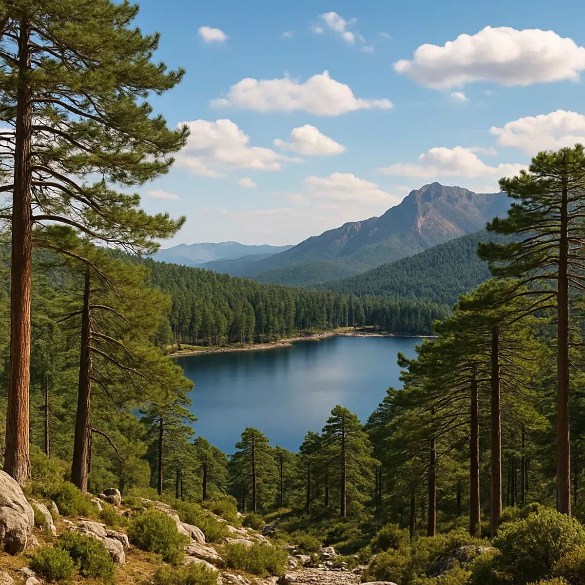 Vue sur la forêt de l’Ospédale et son lac en altitude en Corse-du-Sud