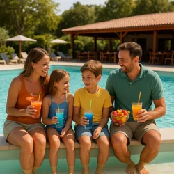 Famille au bord de la piscine, détente près du restaurant du camping