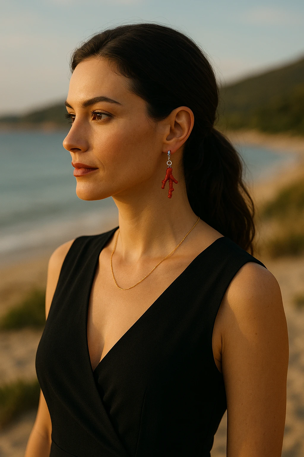 Femme élégante portant des boucles d’oreilles en corail sur fond de plage corse