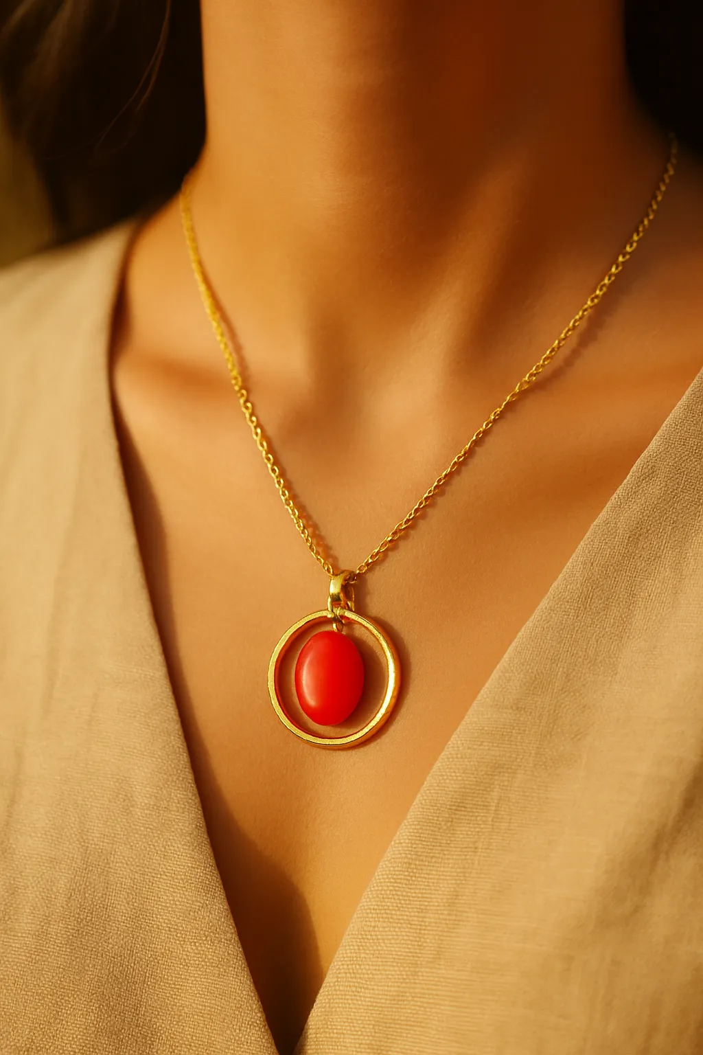 Collier en corail et or porté par une femme sur fond lumineux beige