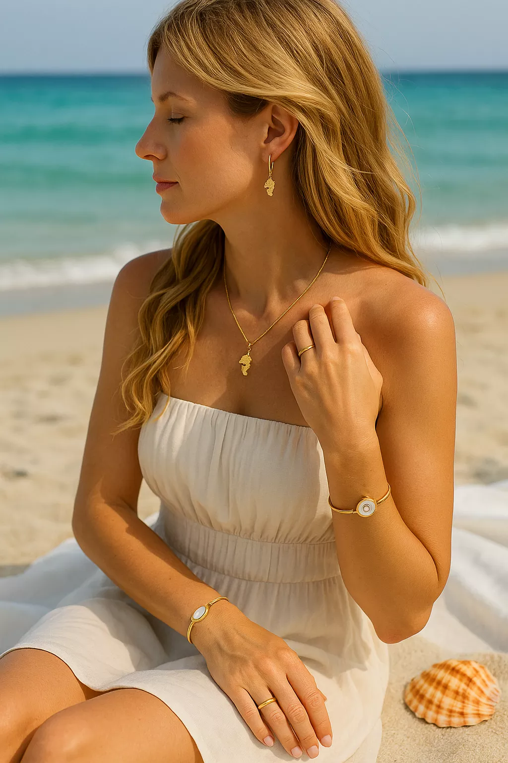 Souvenirs de Corse : bijou Œil de Sainte-Lucie sur plage avec mer turquoise, drapé blanc et coquillage