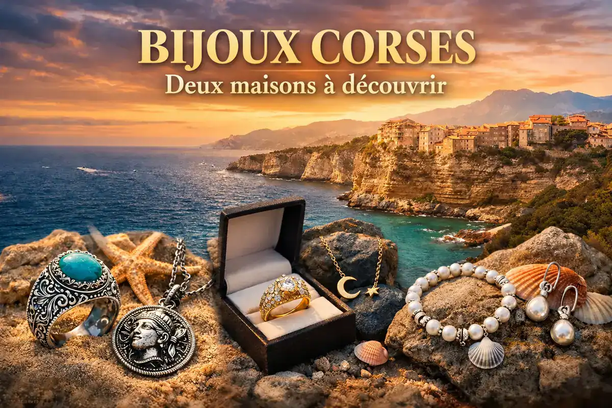 Illustration de bijoux sur le littoral corse au coucher du soleil
